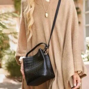 AOTA Elena Vegan Leather Croc Embossed Bucket Crossbody Bag Black